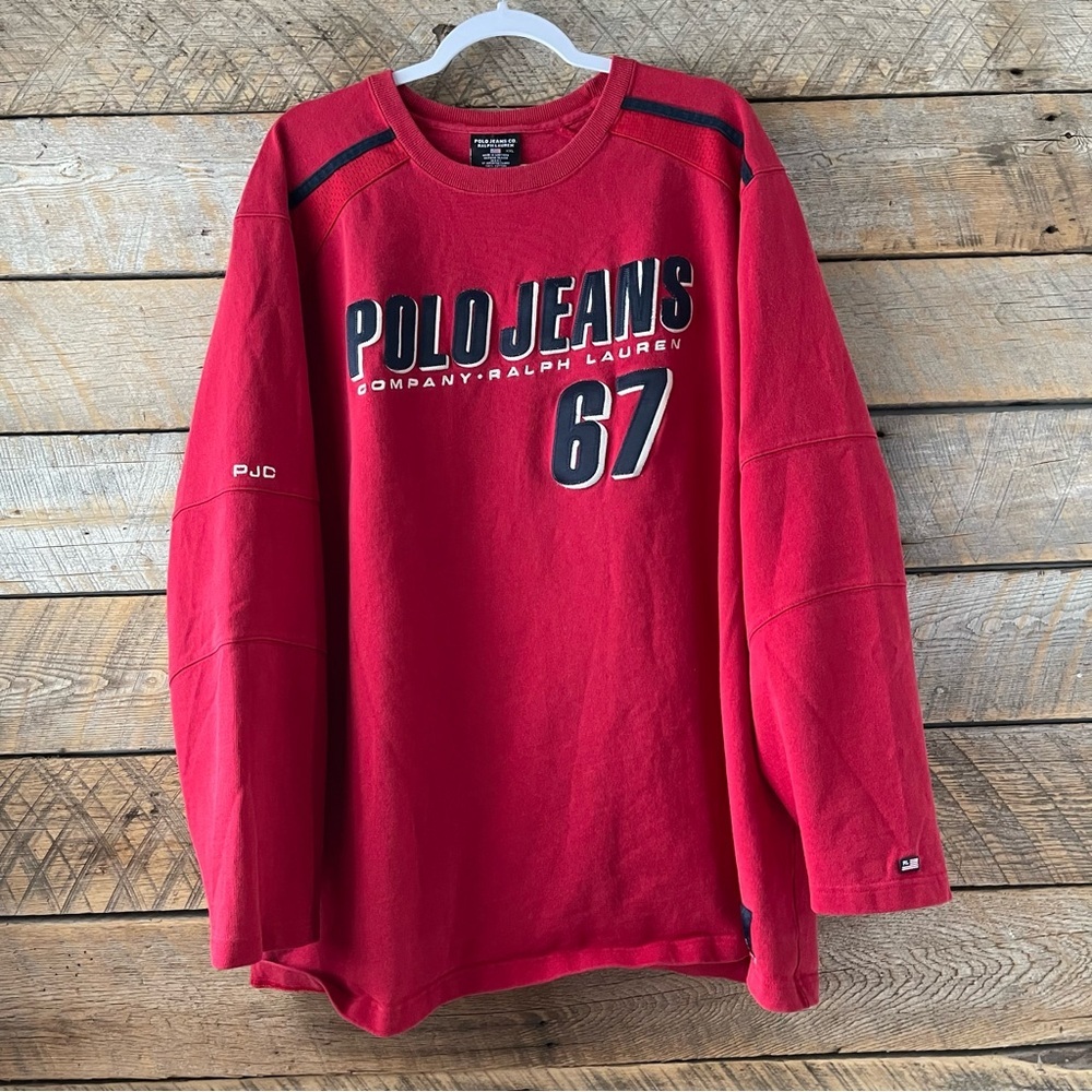 VTG 90s Polo Jeans Ralph Lauren Spellout Pull Over Sweatshirt Mens XXL USA Flag